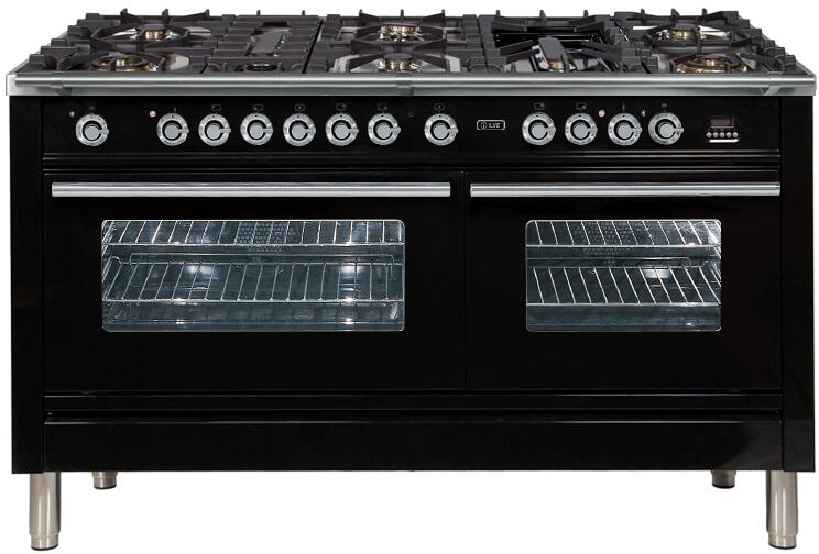 ILVE 60" Professional Plus Series Freestanding Double Oven Duel Fuel Range with 8 Sealed Burners in Glossy Black with Chrome Trim (UPW150FDMPN) Ranges ILVE 