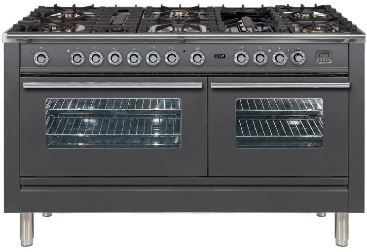 ILVE 60" Professional Plus Series Freestanding Double Oven Duel Fuel Range with 8 Sealed Burners in Matte Graphite with Chrome Trim (UPW150FDMPM) Ranges ILVE 