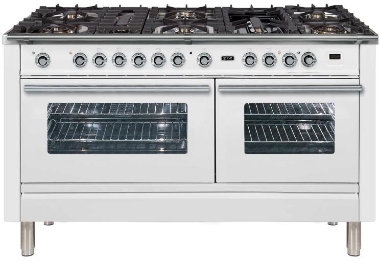 ILVE 60" Professional Plus Series Freestanding Double Oven Duel Fuel Range with 8 Sealed Burners in White with Chrome Trim (UPW150FDMPB) Ranges ILVE 