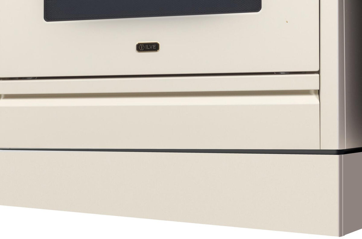 Antique white range toe kick with smooth front panel and side edge