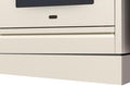 Antique white toe kick panel installed on range front with metallic trim