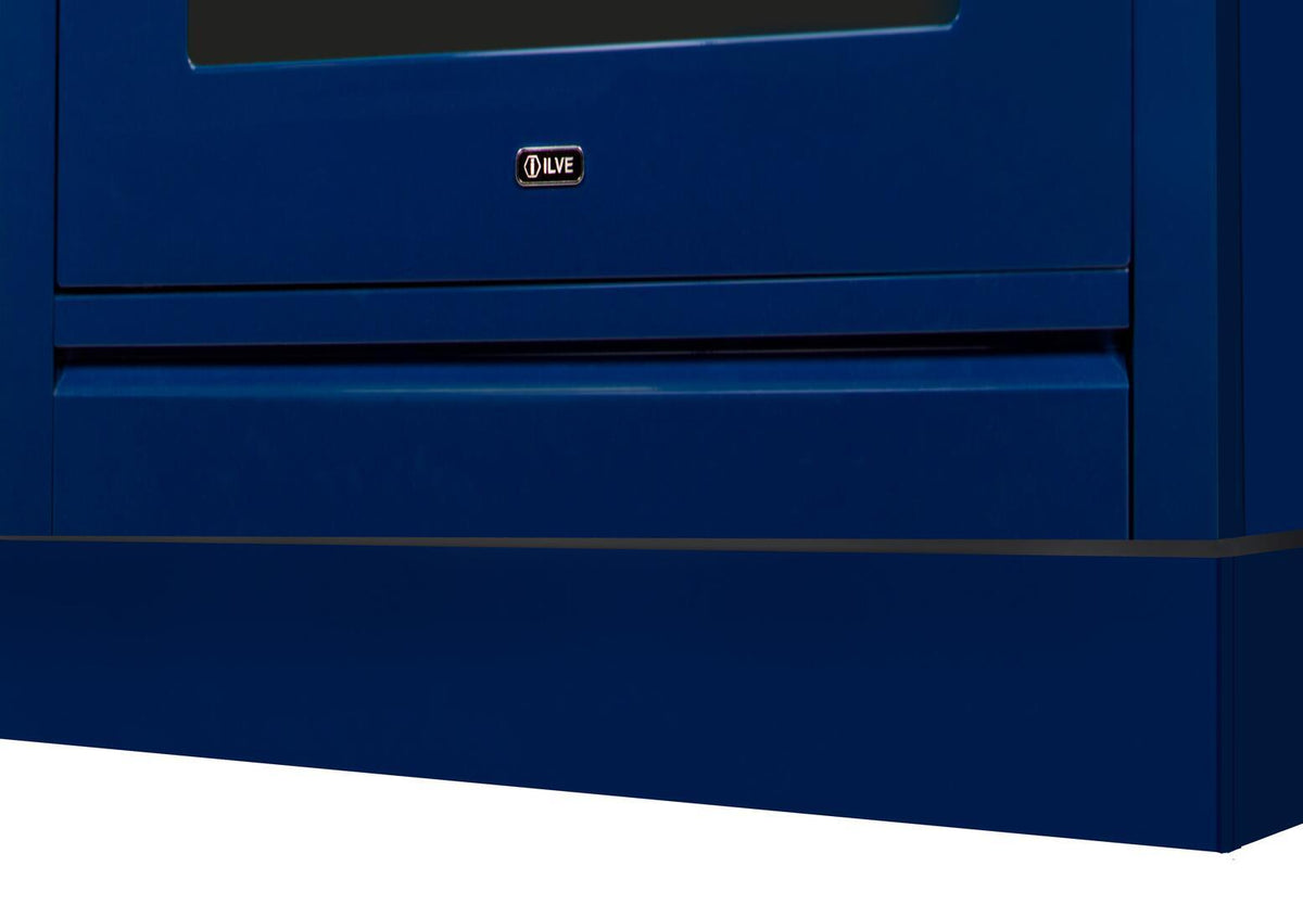 ILVE blue range toe kick with front logo and lower cabinet panel