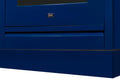 Blue range toe kick panel with front control doors and ILVE badge