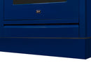 Blue range toe kick panel with front control doors and ILVE badge