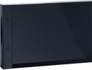 Glossy black toe kick panel with side edge and button details, flat front face