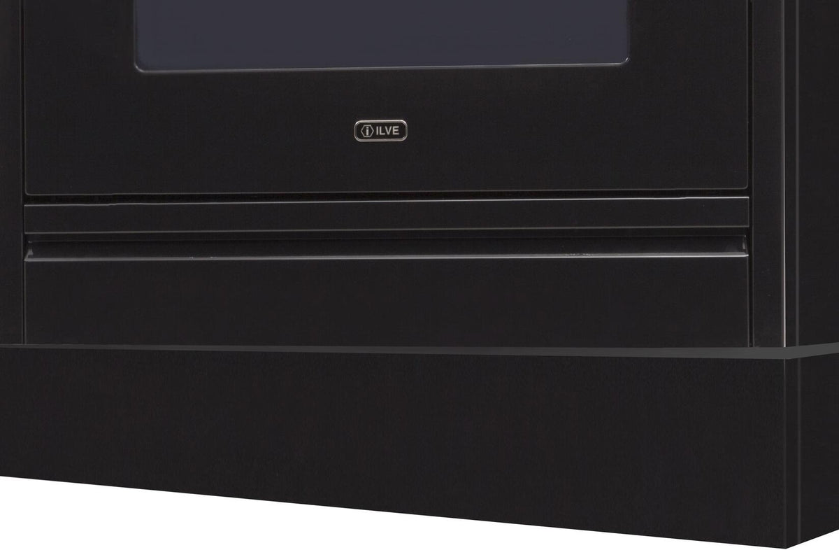 Graphite range toe kick with ILVE logo and horizontal vent slot
