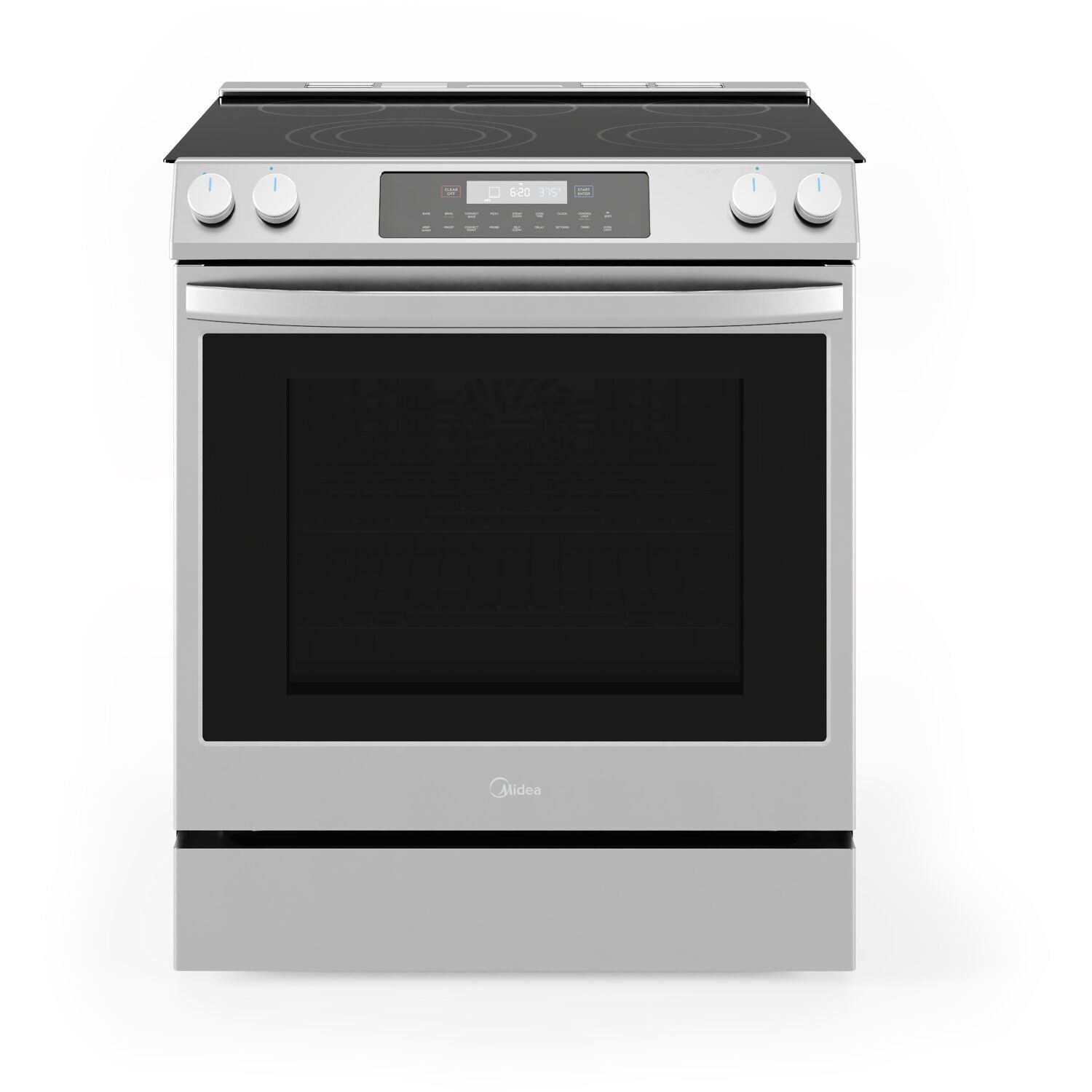 Stainless steel electric slide-in range with black oven door window and control panel