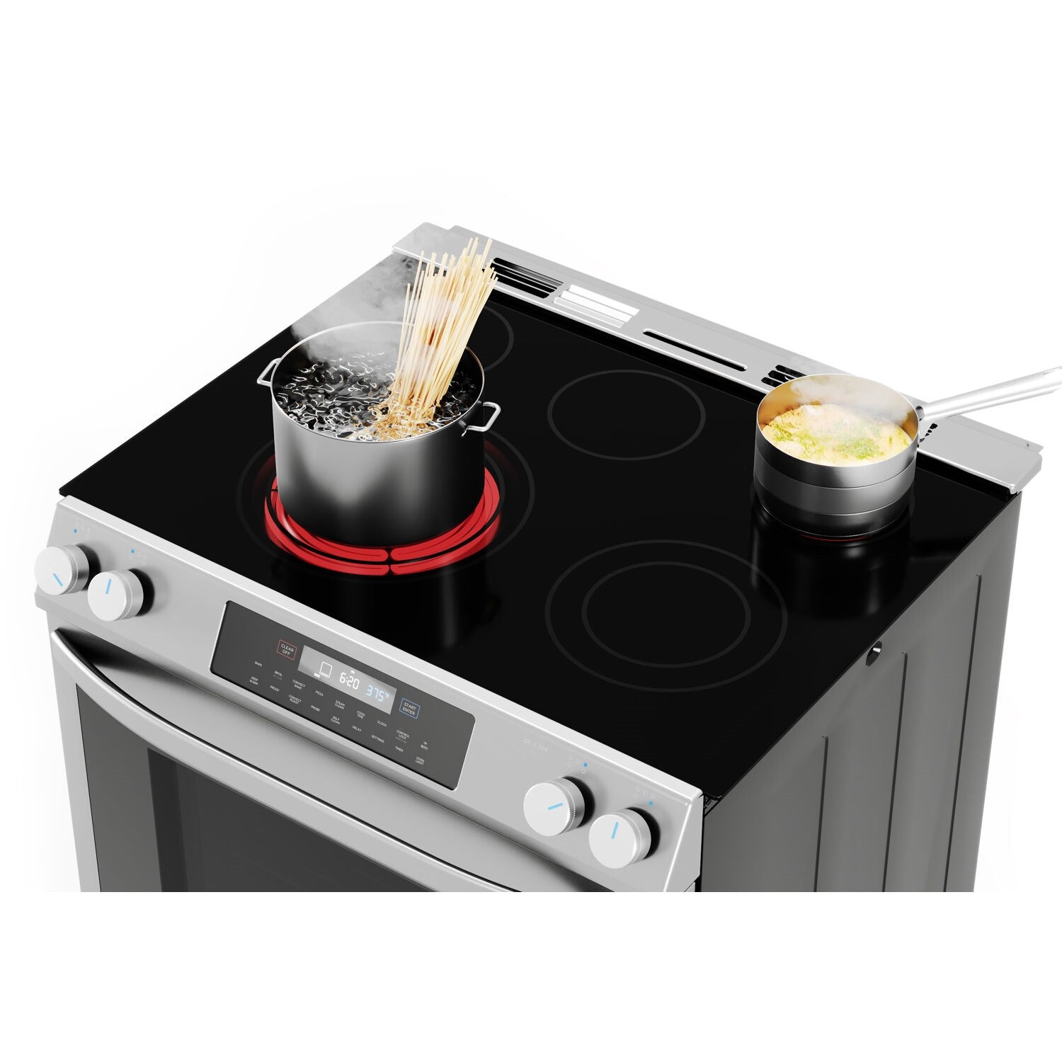 Stainless steel electric range with black glass cooktop, front control panel, and burner rings