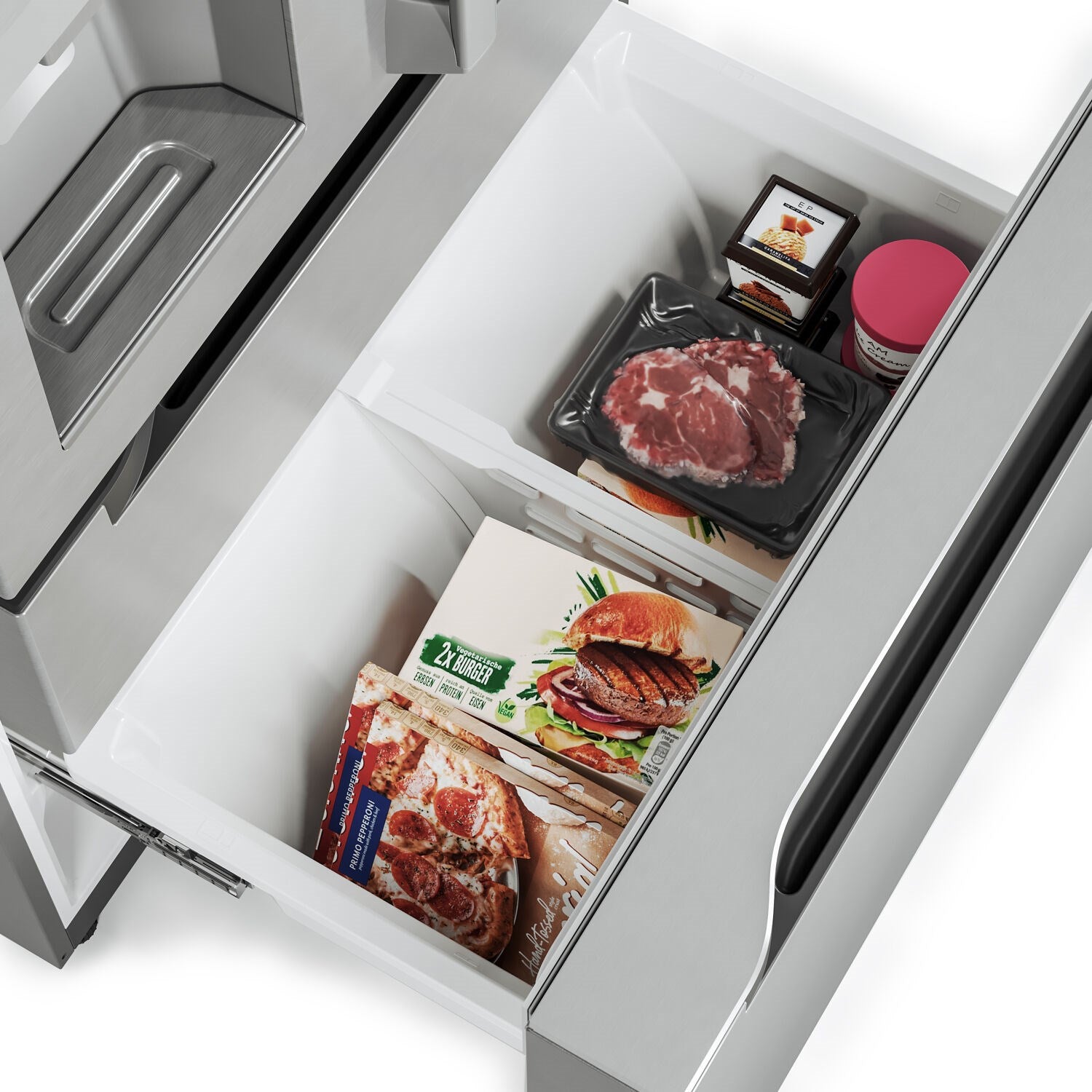 Stainless steel French door refrigerator with open freezer drawer and food storage bins