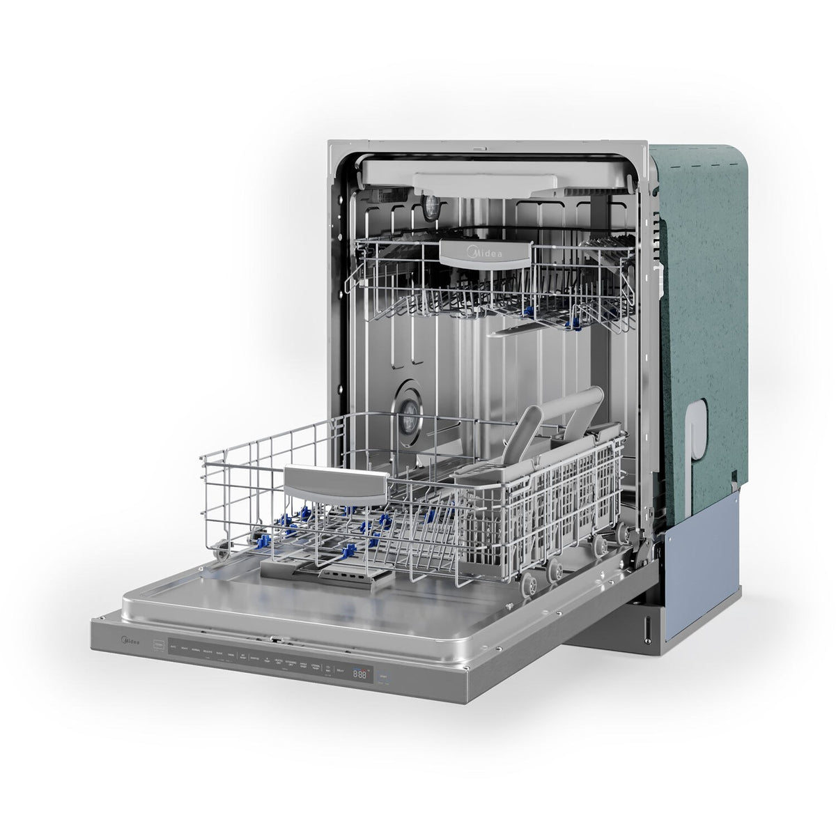 Built-in dishwasher interior with upper and lower racks and white dishware