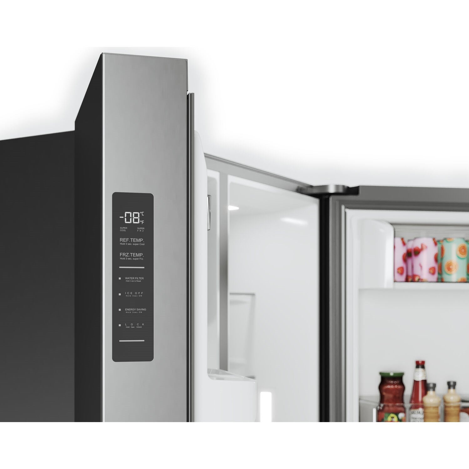 Side-by-side refrigerator with digital control panel on stainless steel exterior door