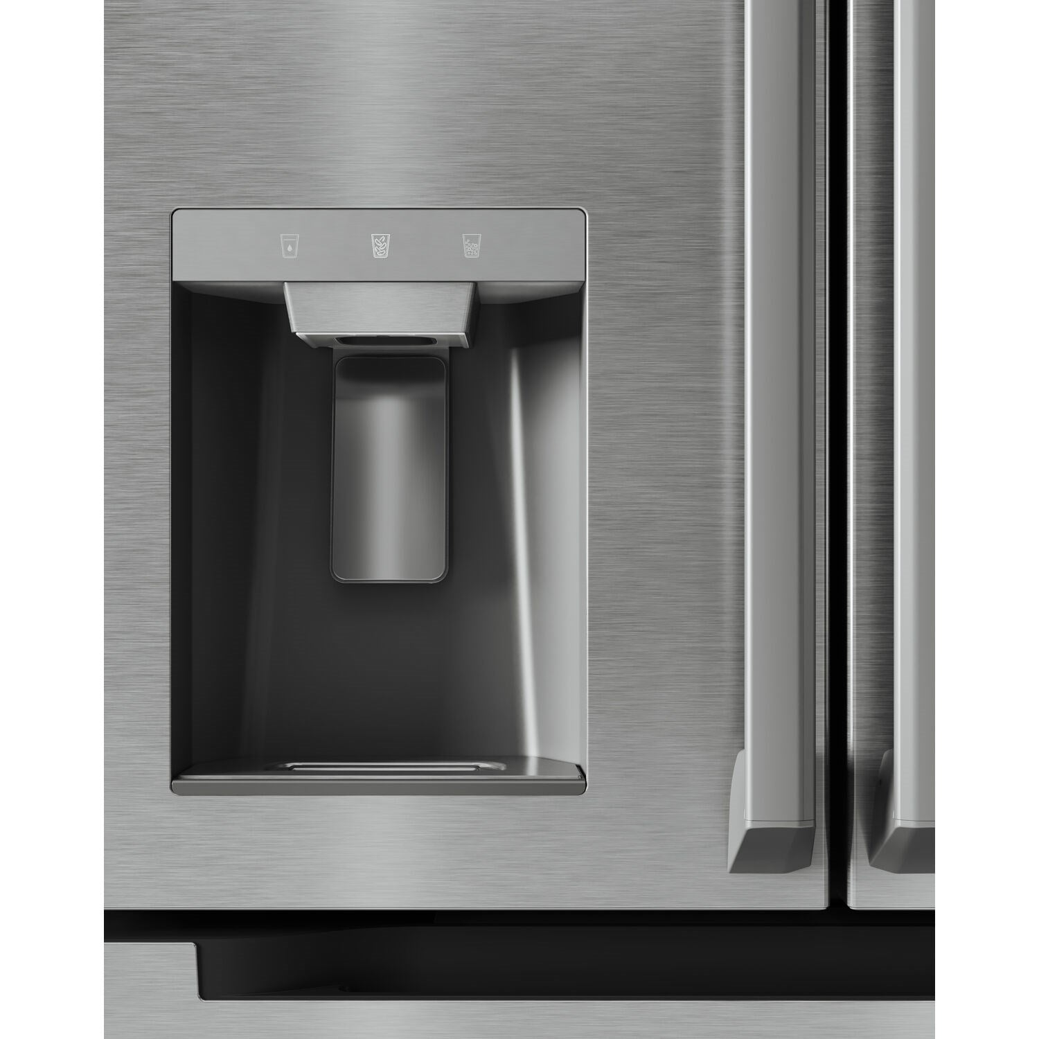 Stainless French door refrigerator door water dispenser with drip tray