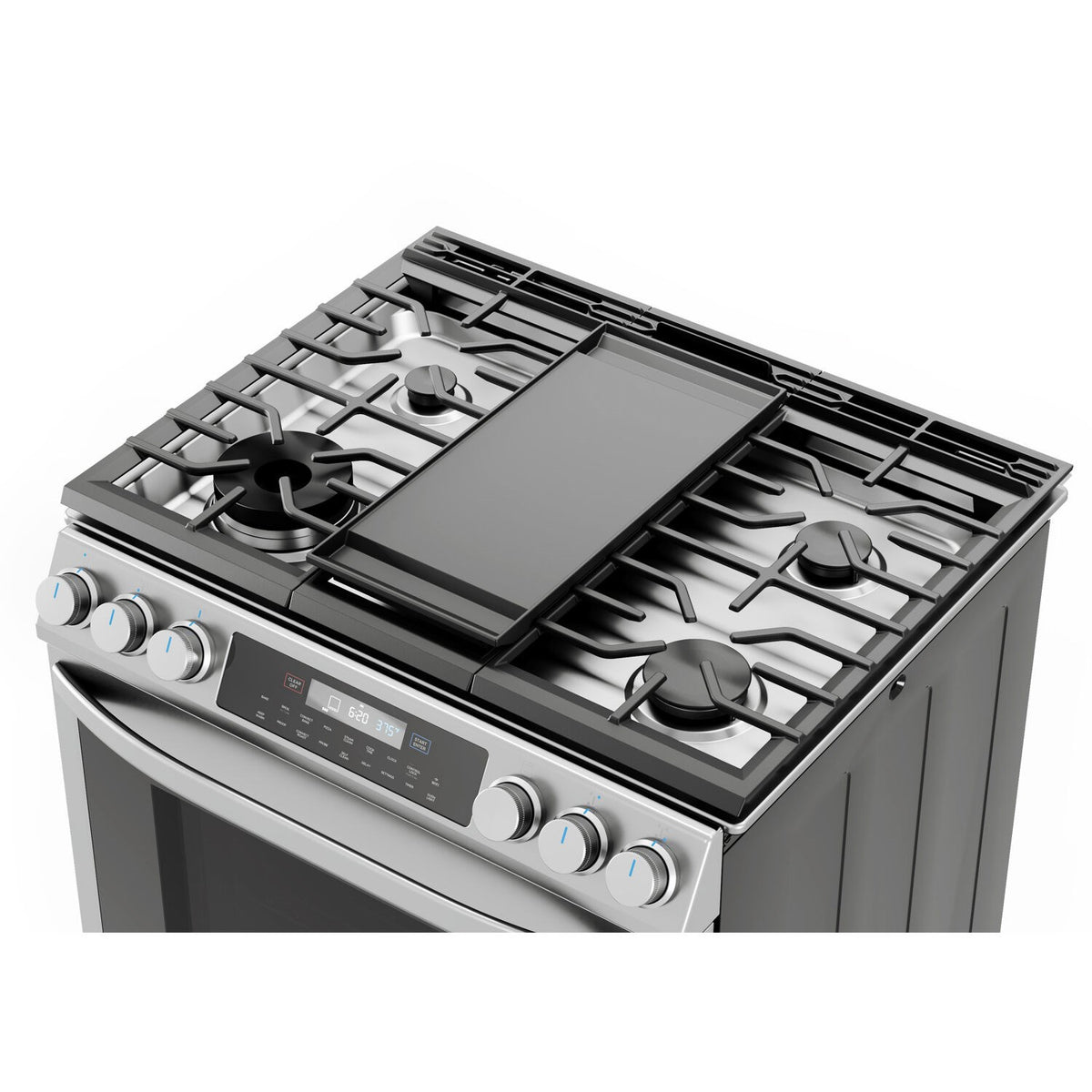 Stainless steel slide-in gas range with five sealed burners and smooth black griddle