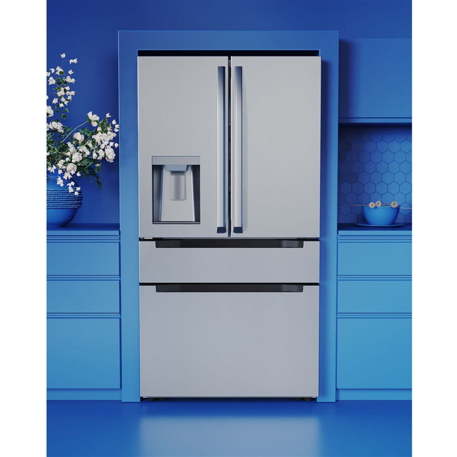 Stainless steel freestanding French door refrigerator with external water and ice dispenser