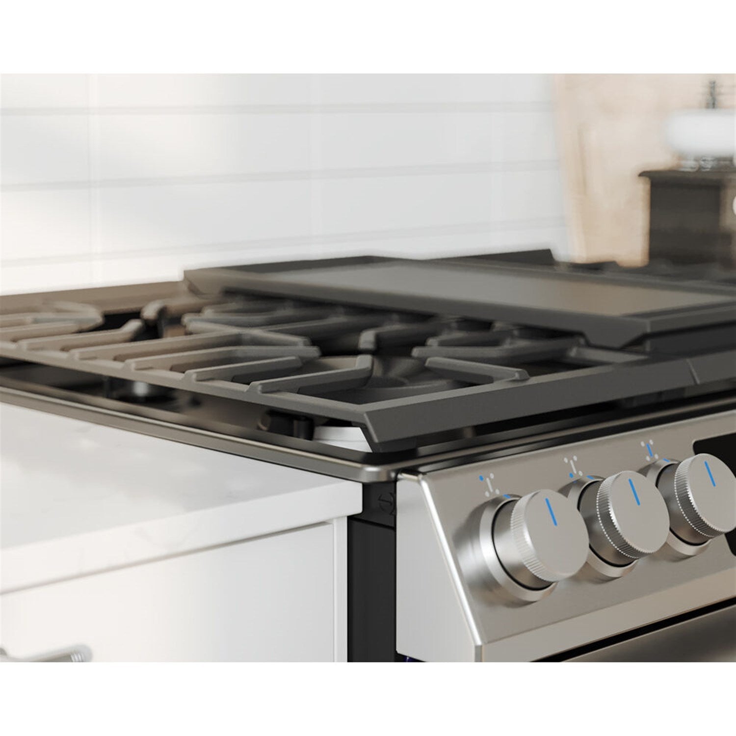 Stainless steel gas range cooktop grates and control knobs with burner area