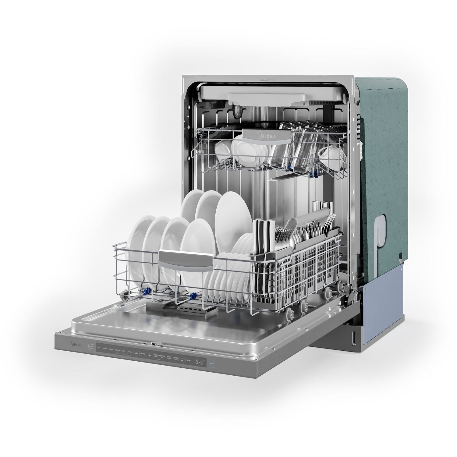 Built-in dishwasher with open door, stacked white plates, and utensil rack