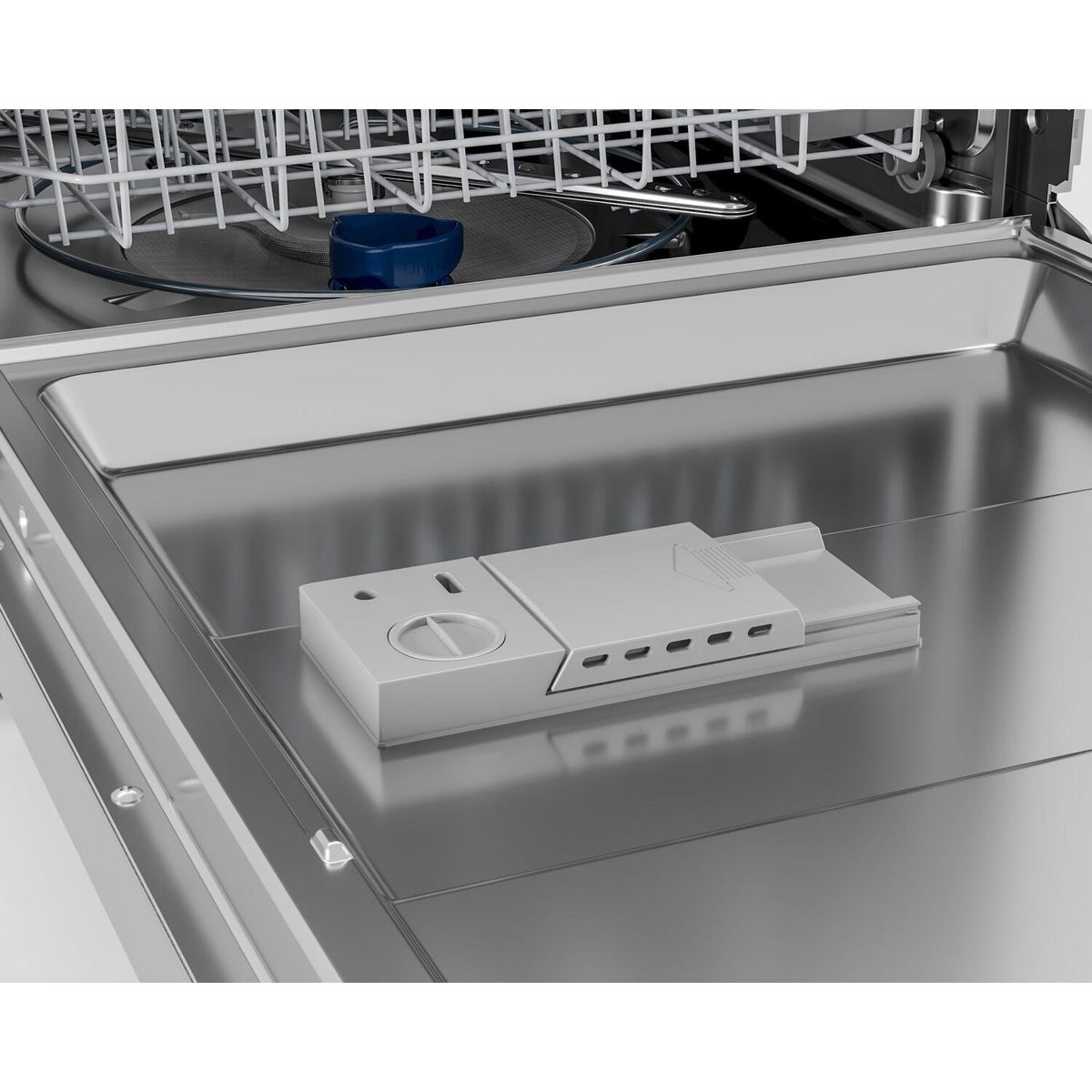 Built-in dishwasher detergent dispenser and compartment inside the stainless tub