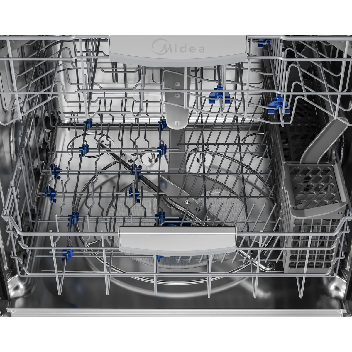 Built-in dishwasher interior with blue water jets, Midea logo, and wire racks