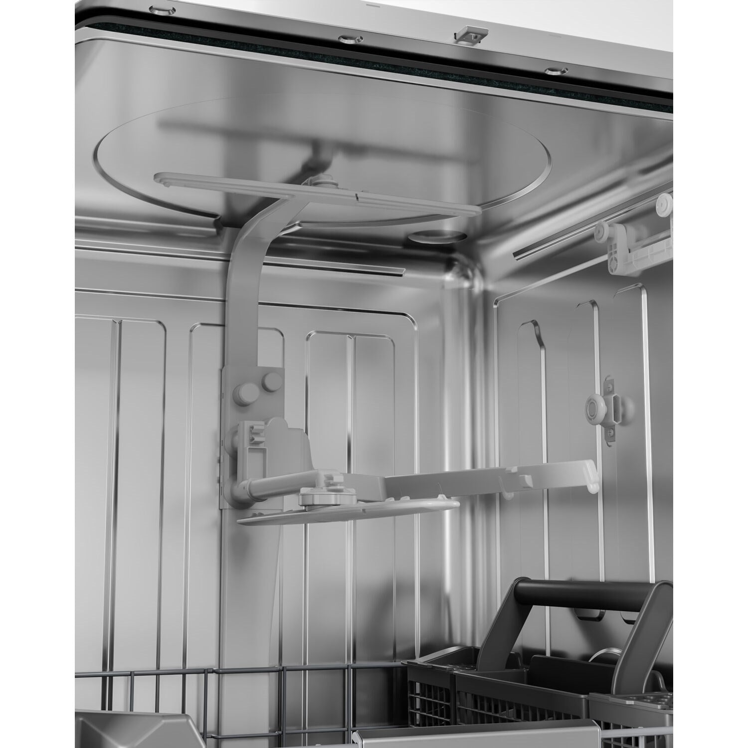 Built-in stainless steel dishwasher interior with upper spray arm and rack supports