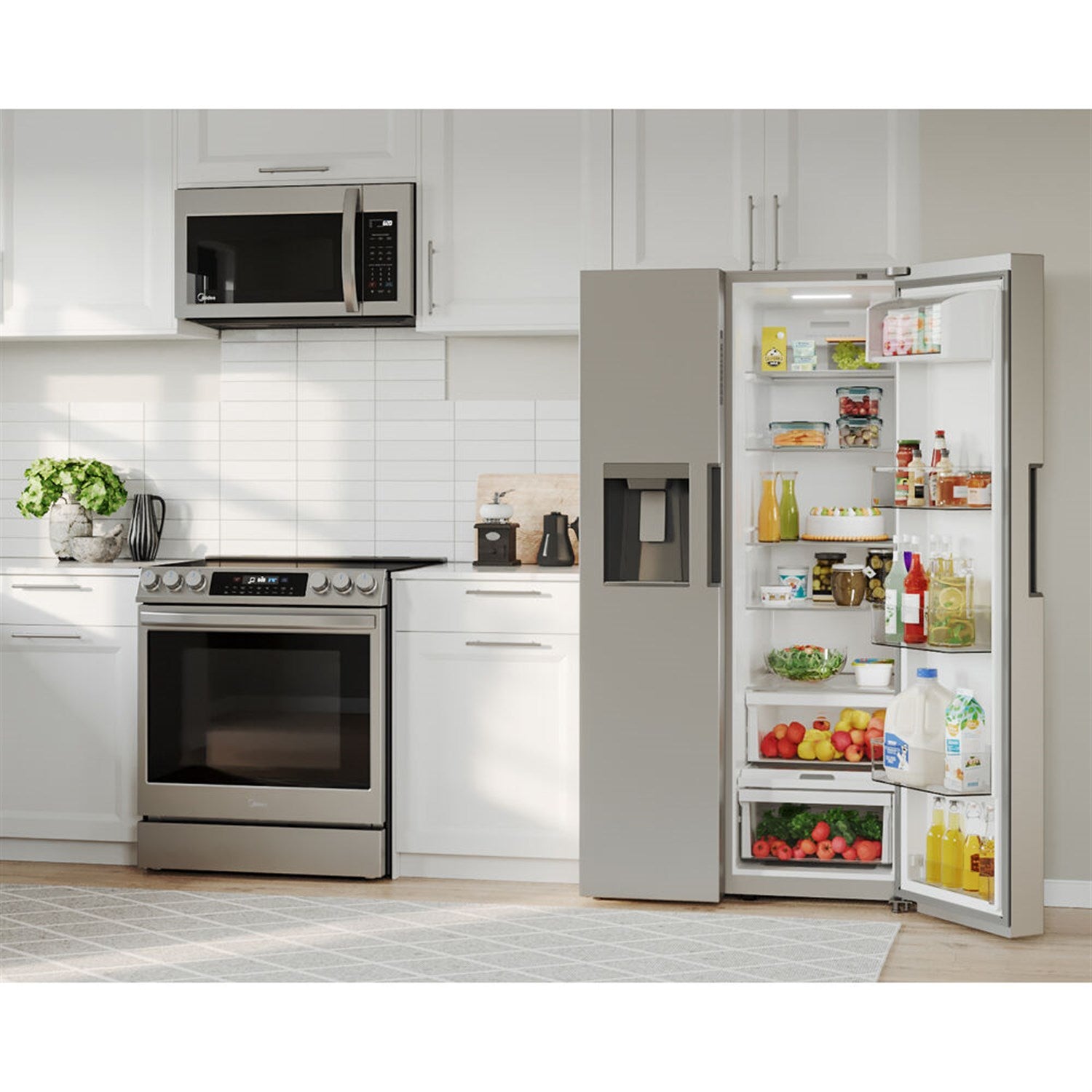 Freestanding side-by-side refrigerator with both doors open, interior bins and shelves