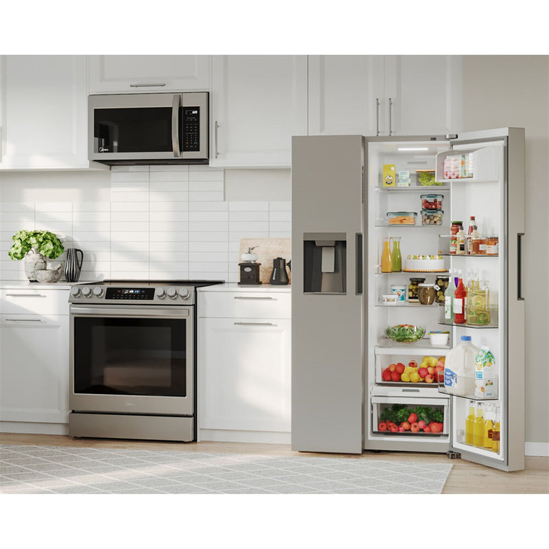 Midea 36-Inch Freestanding Side by Side Refrigerator with 26.3 cu. Ft with 5 Glass Shelves with Water Dispenser in Stainless Steel (MRS26D5AST)