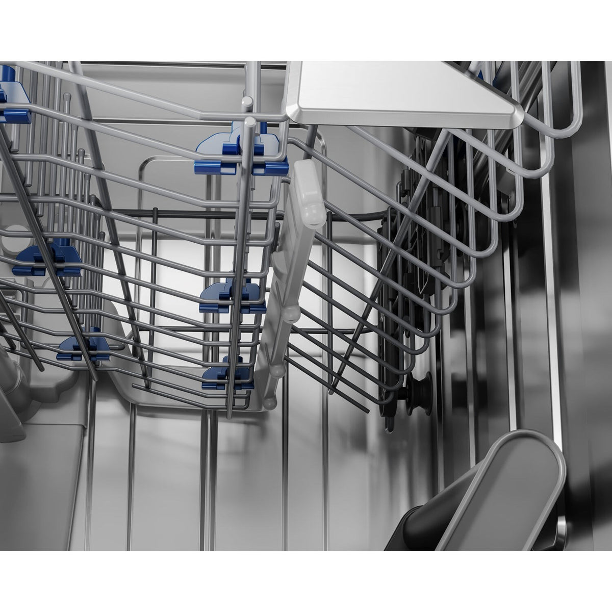 Built-in dishwasher rack section with wire tines and blue clips for securing items