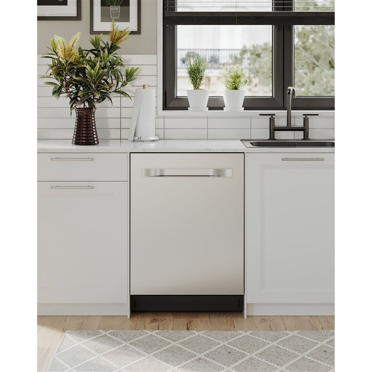 Built-in stainless steel dishwasher installed in kitchen cabinetry, doors closed