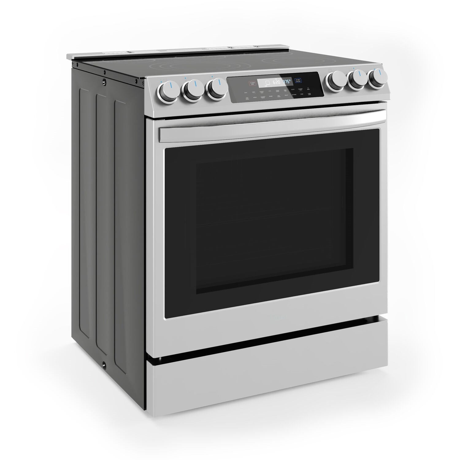Stainless slide-in electric range with black glass oven window and five front control knobs