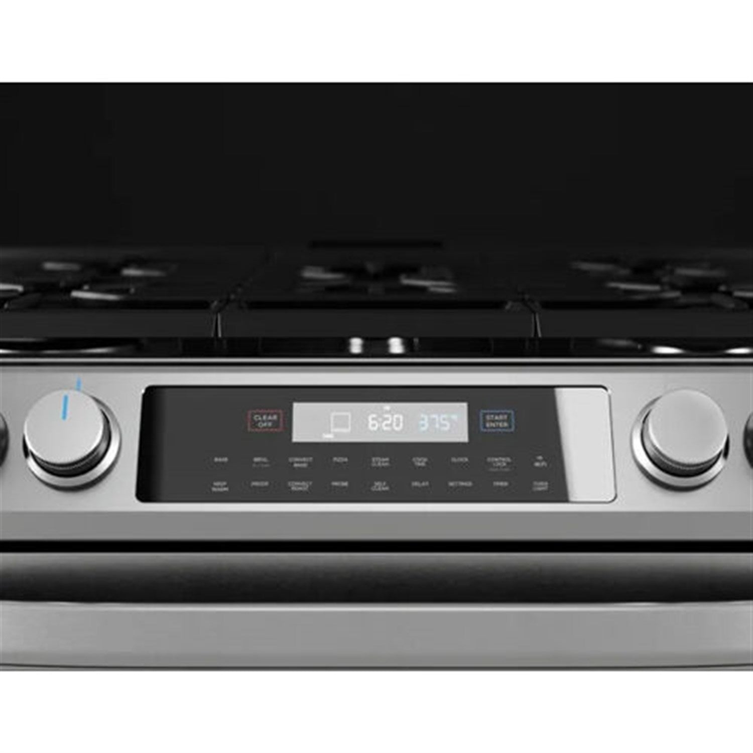 Stainless steel gas range control panel with digital display and two control knobs