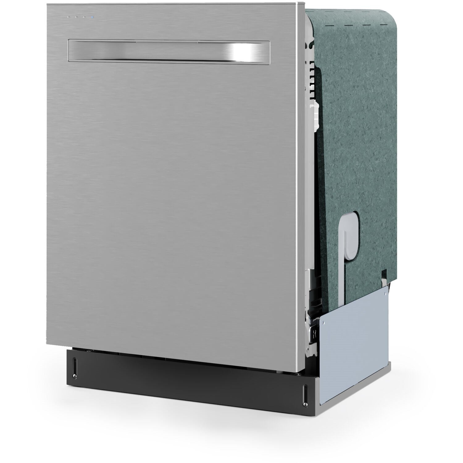 Stainless steel built-in dishwasher with open door and side access panel