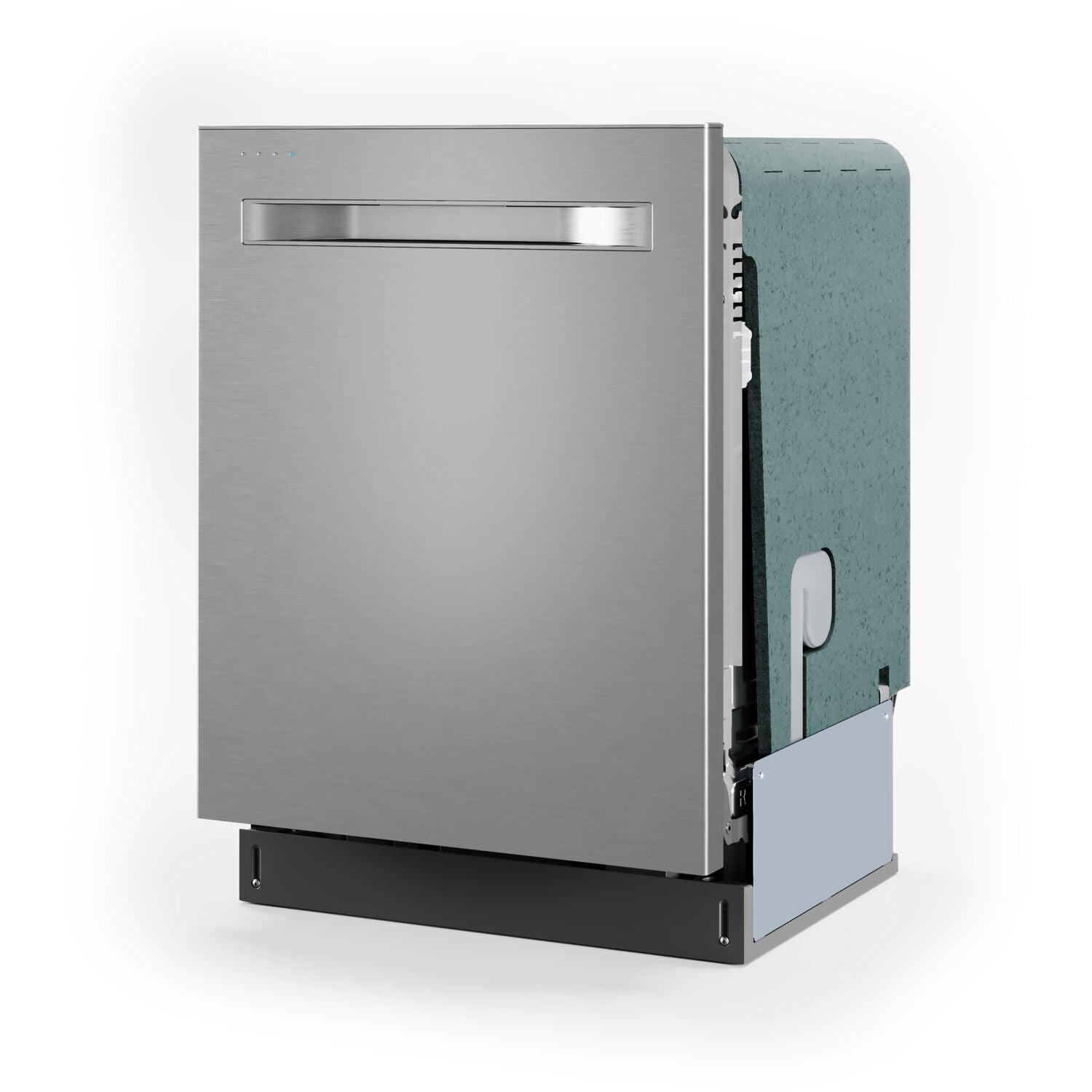Built-in stainless steel dishwasher door open, showing racks inside
