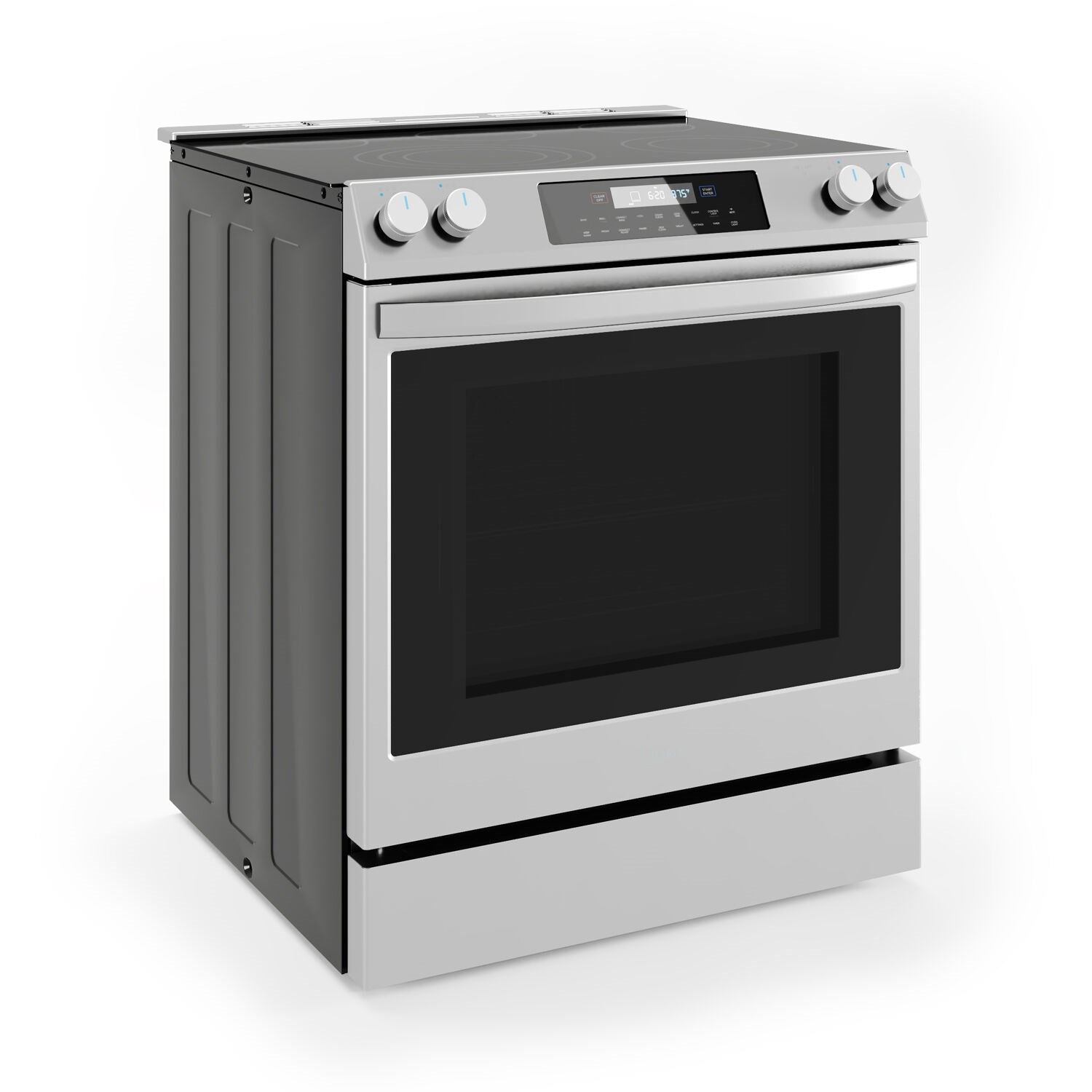 Stainless steel electric slide-in range with black oven window and front control knobs