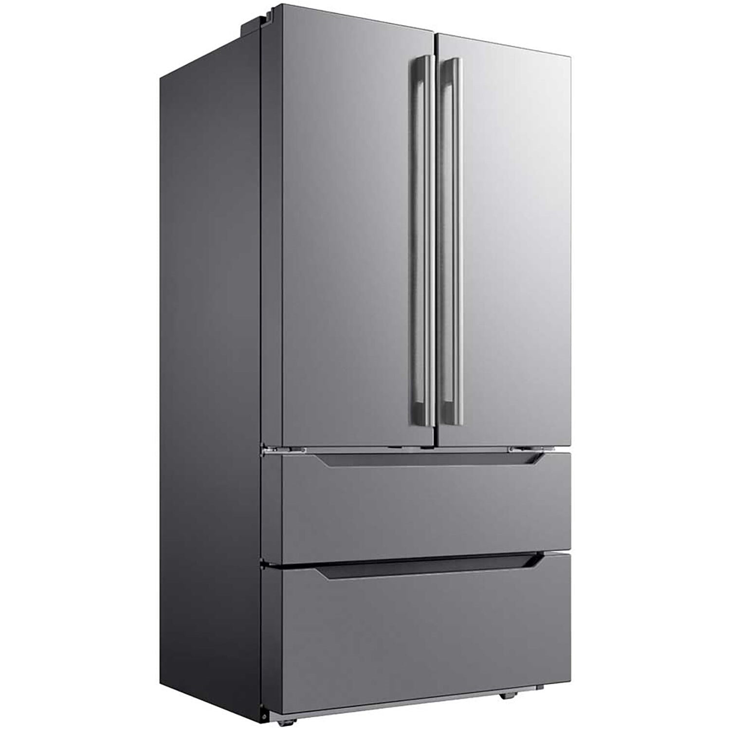 Stainless steel 4-door French door refrigerator in freestanding design