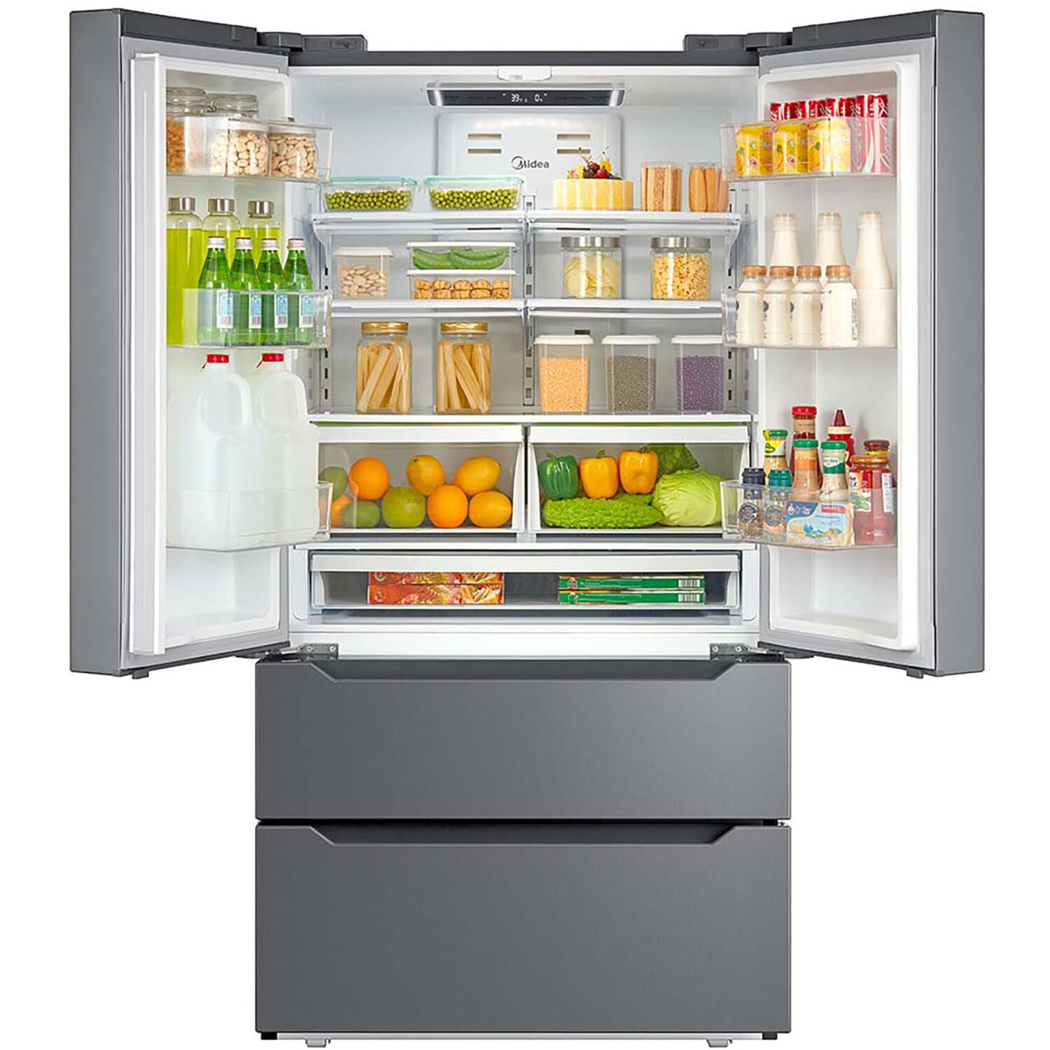 French door refrigerator with doors open, showing interior bins and shelves