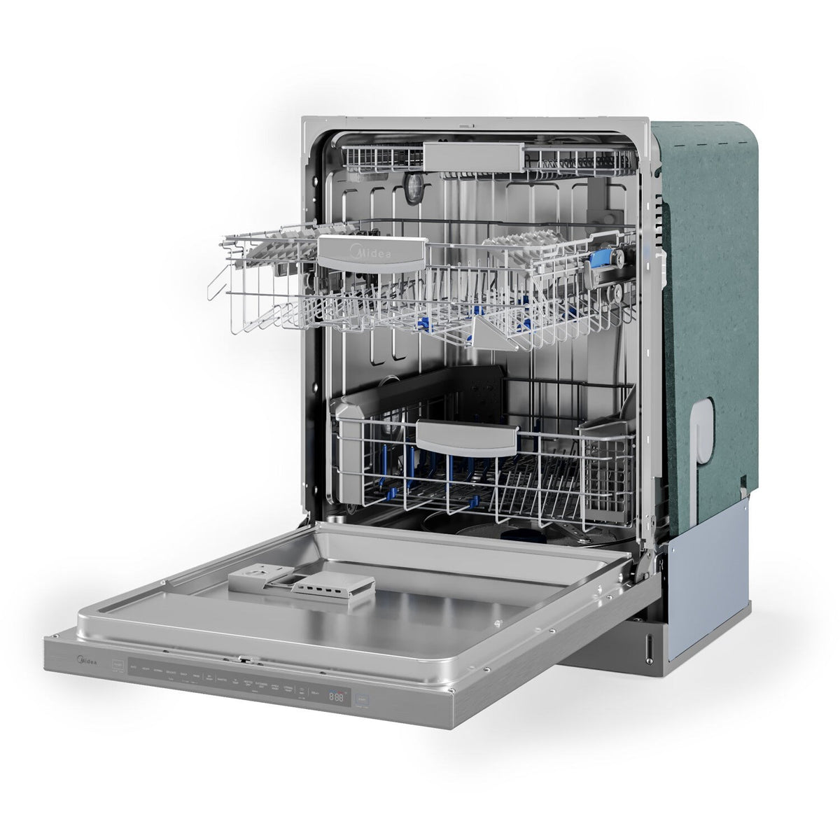 Stainless steel dishwasher open with racks, spray arms, and utensil compartments