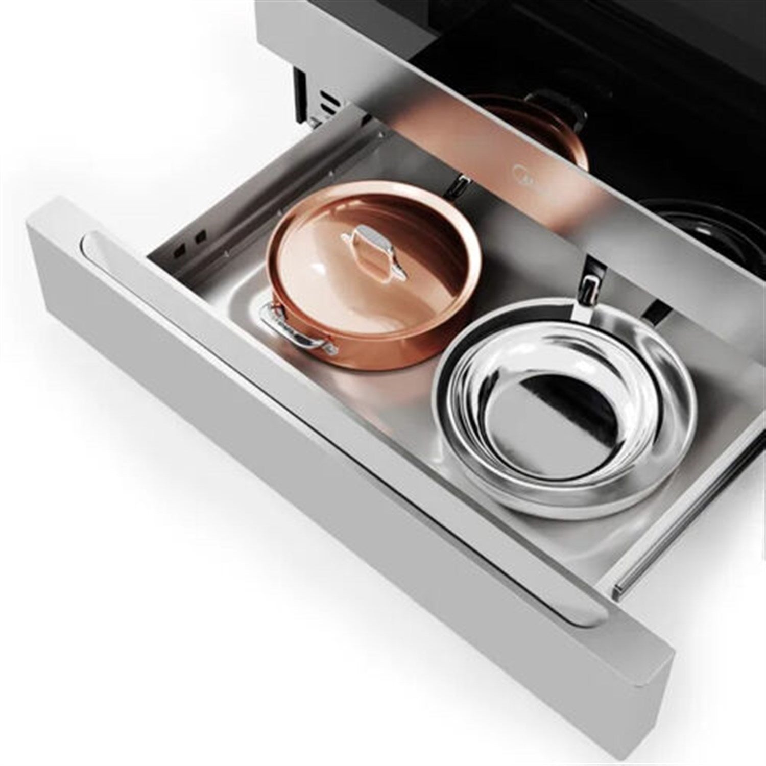 Stainless steel pull-out drawer with copper pot and circular ring insert