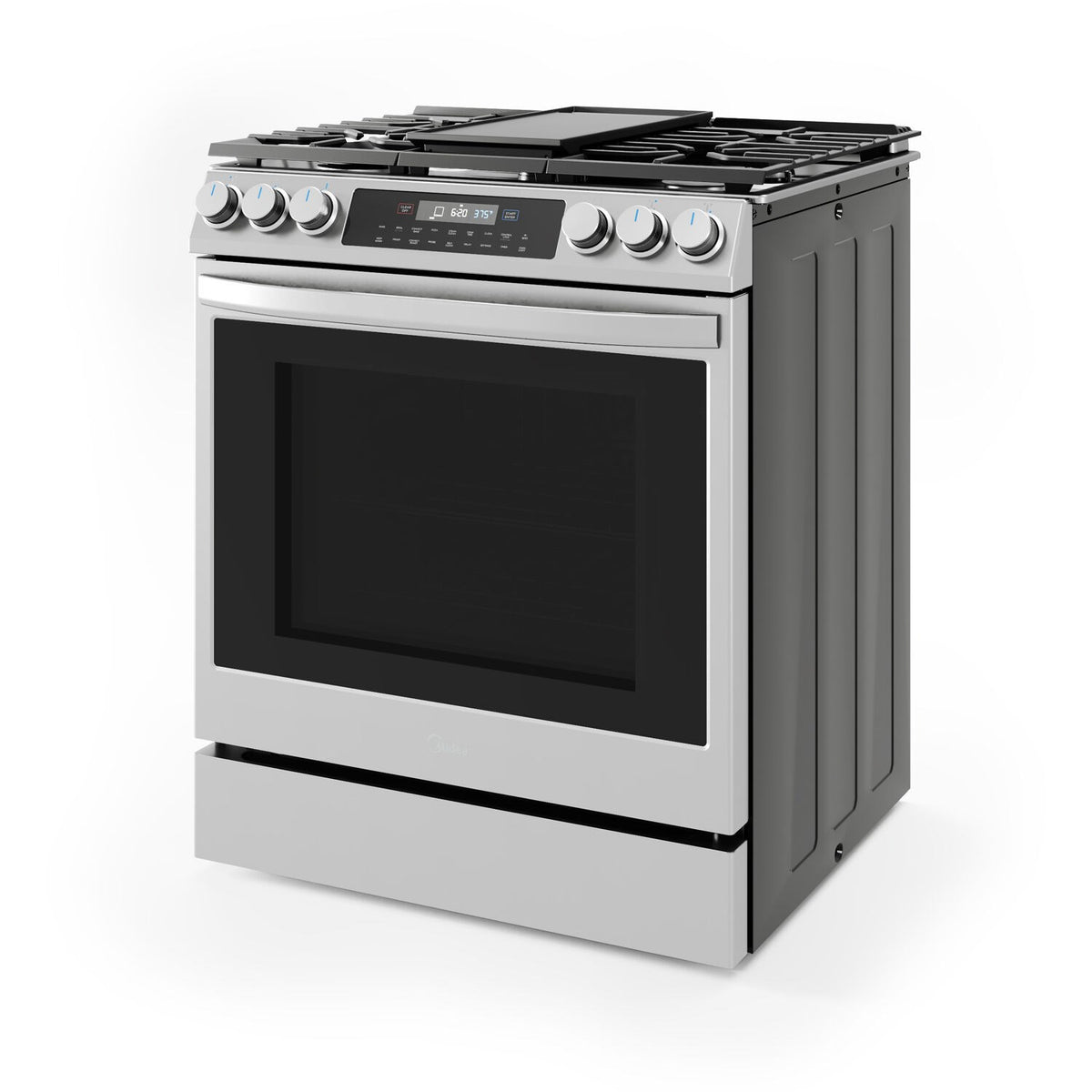Stainless steel gas range with five sealed burners and side ventilation panels
