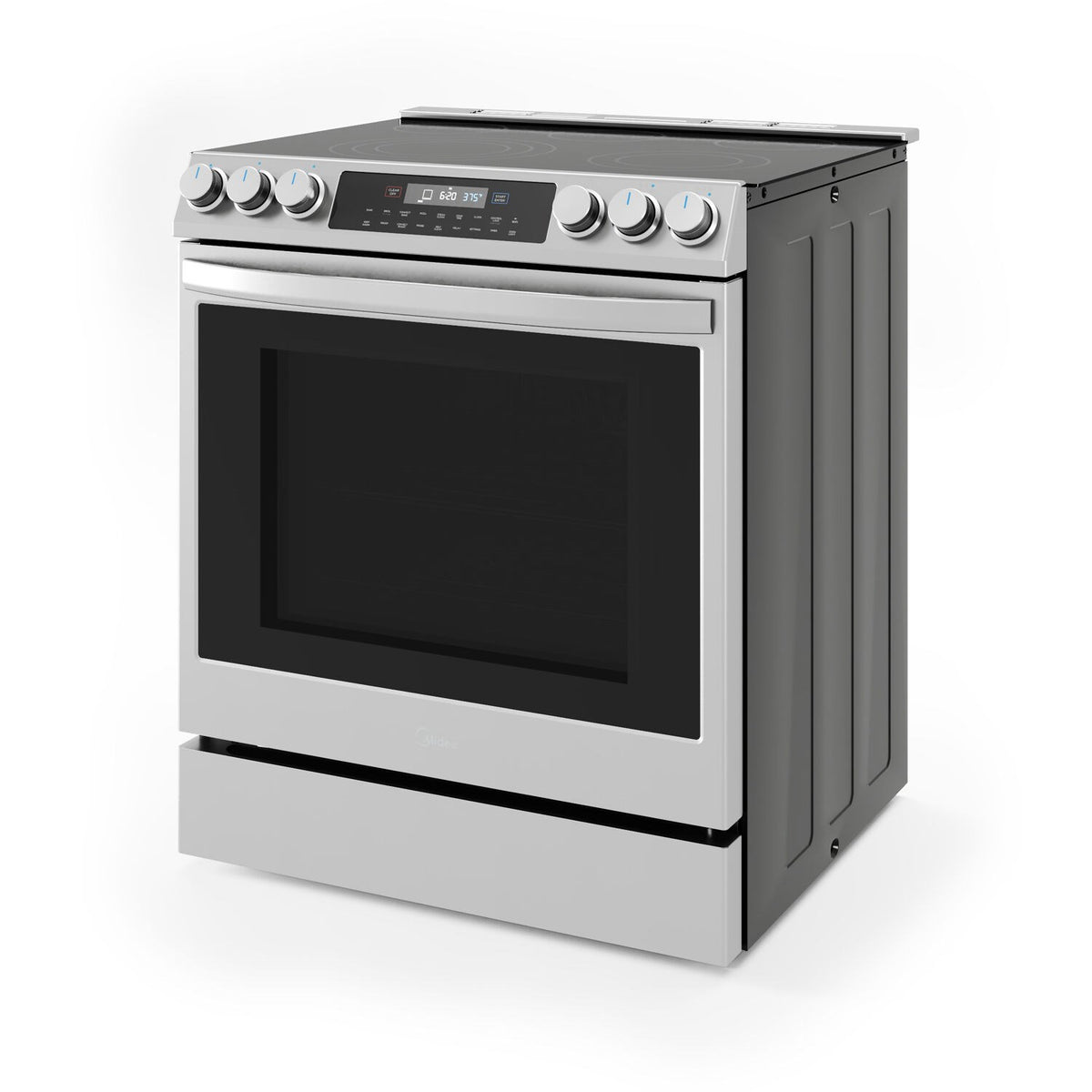 Stainless electric slide-in range with black oven door window and top control panel