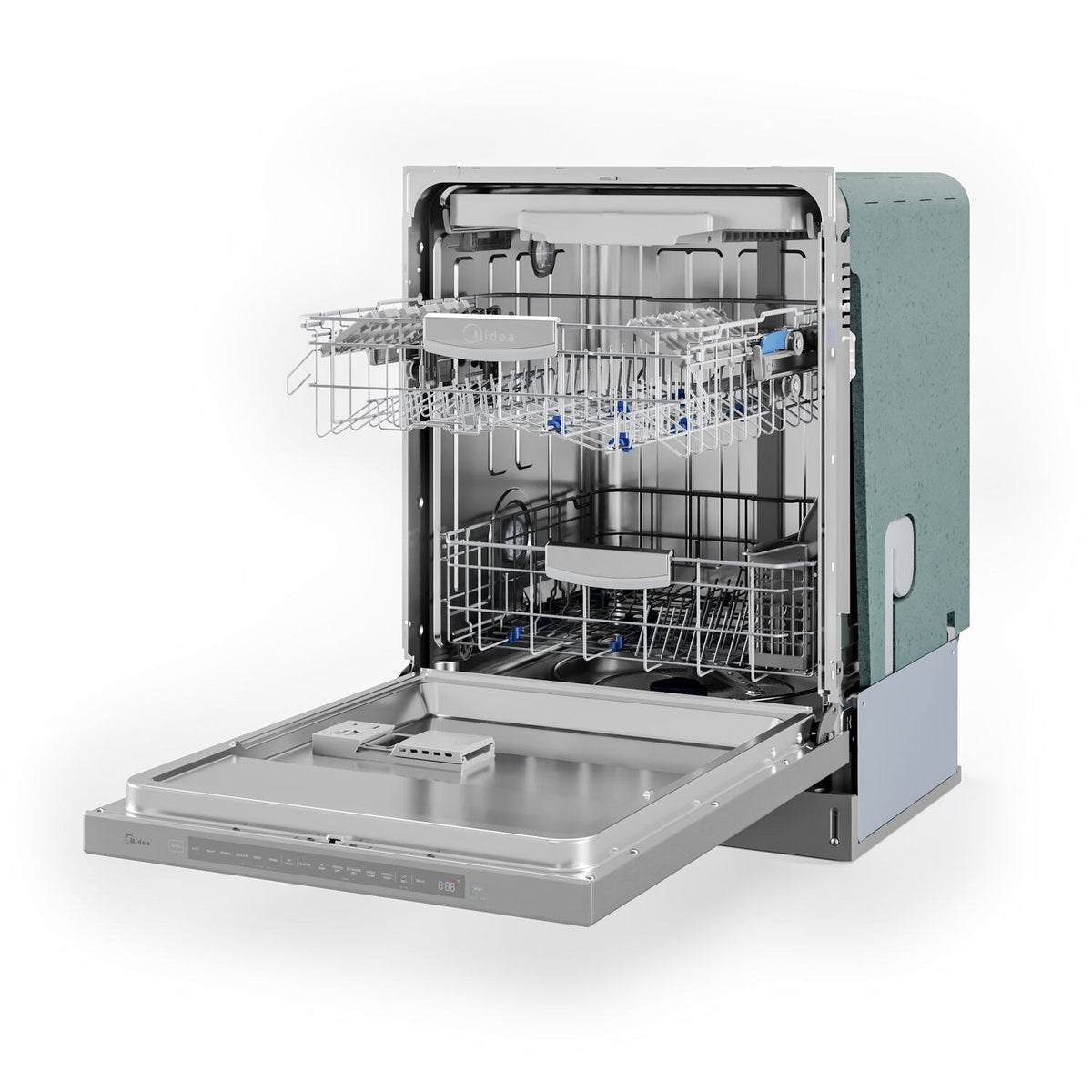 Open built-in stainless steel dishwasher with full racks and spray system inside