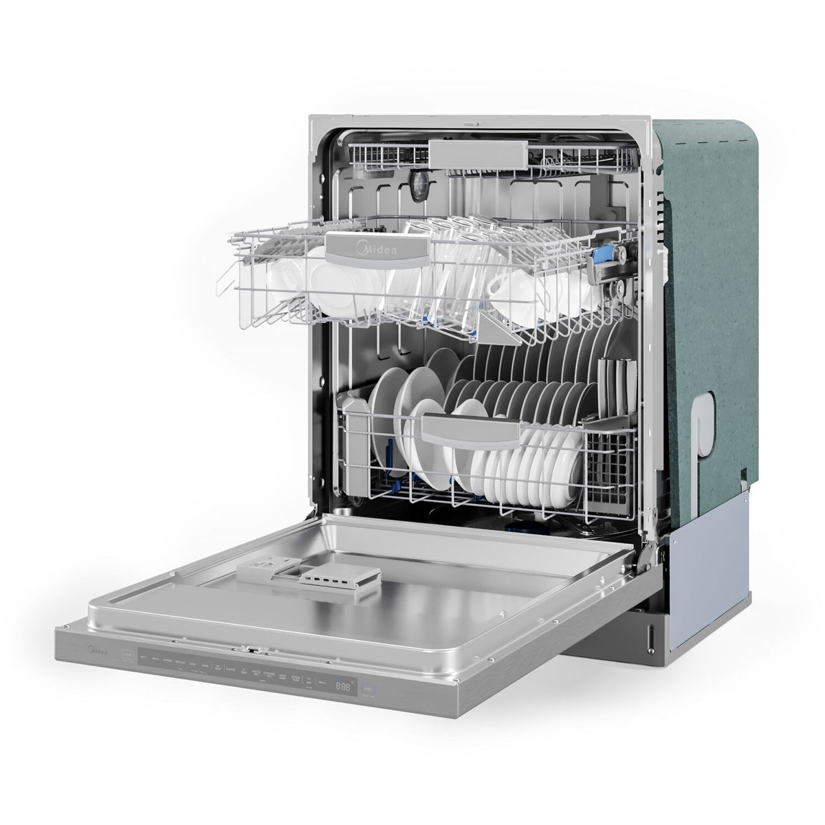 Stainless steel dishwasher open with stacked plate rack and upper baskets