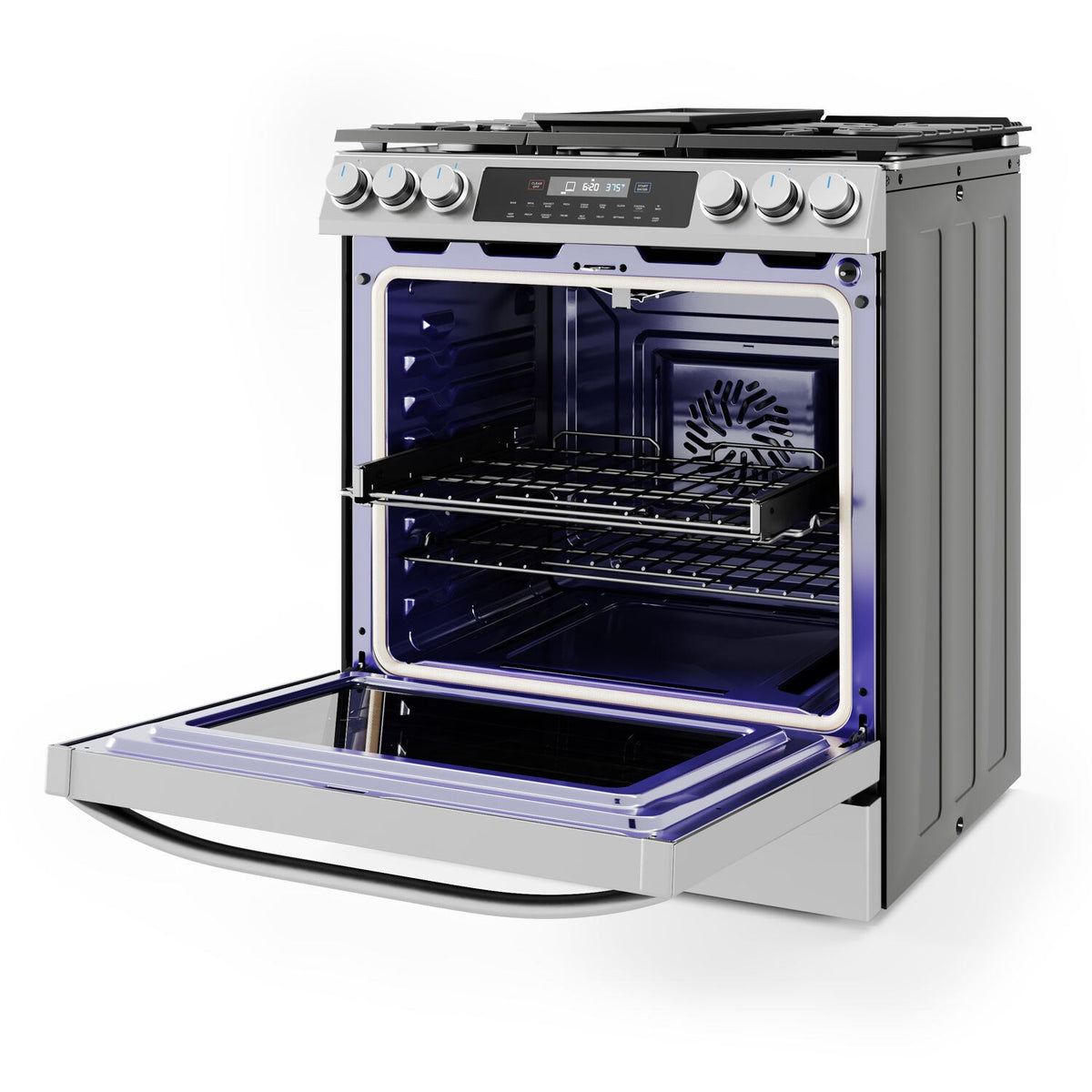Stainless steel gas oven with open door, racks, and convection fan visible inside