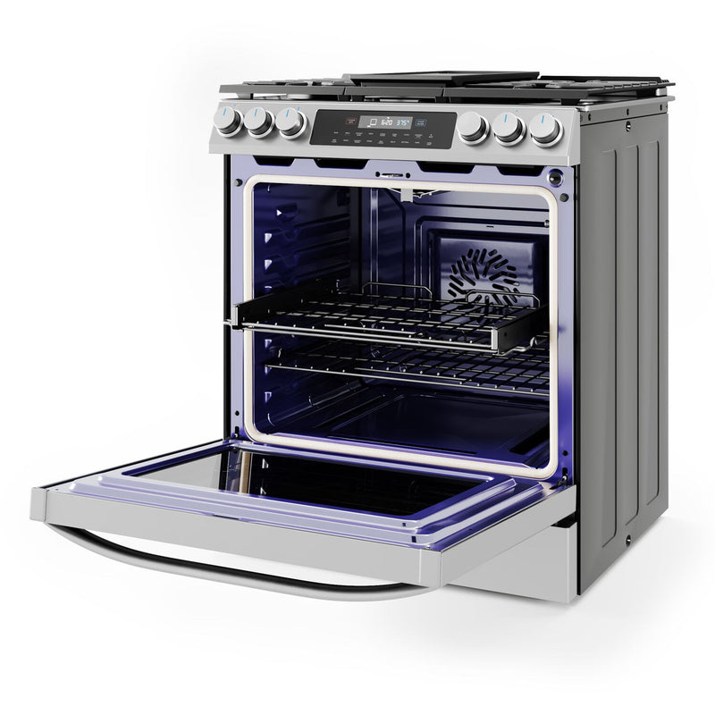 Midea 30-Inch Smart Slide-in Gas Range with 5 Sealed Burners Wi-Fi Enabled, 6.1 Cu. Ft., Pro Style with True Convection in Stainless Steel (MGS30S4AST)