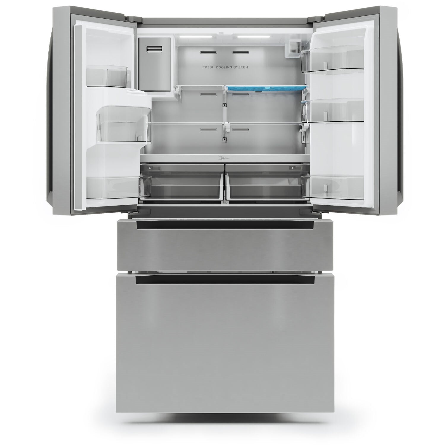 French-door refrigerator interior with adjustable shelves and door storage