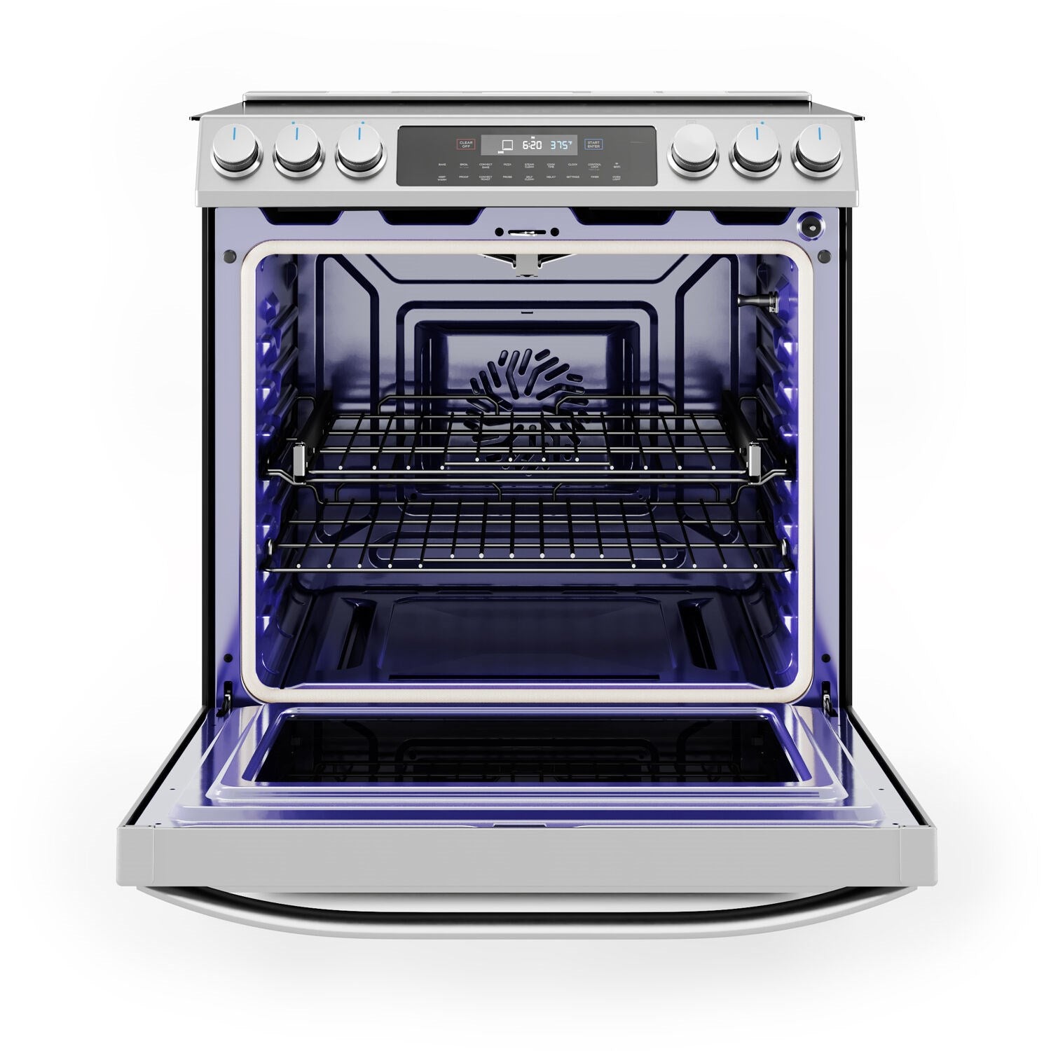 Stainless electric range with open oven and metal racks, interior light on