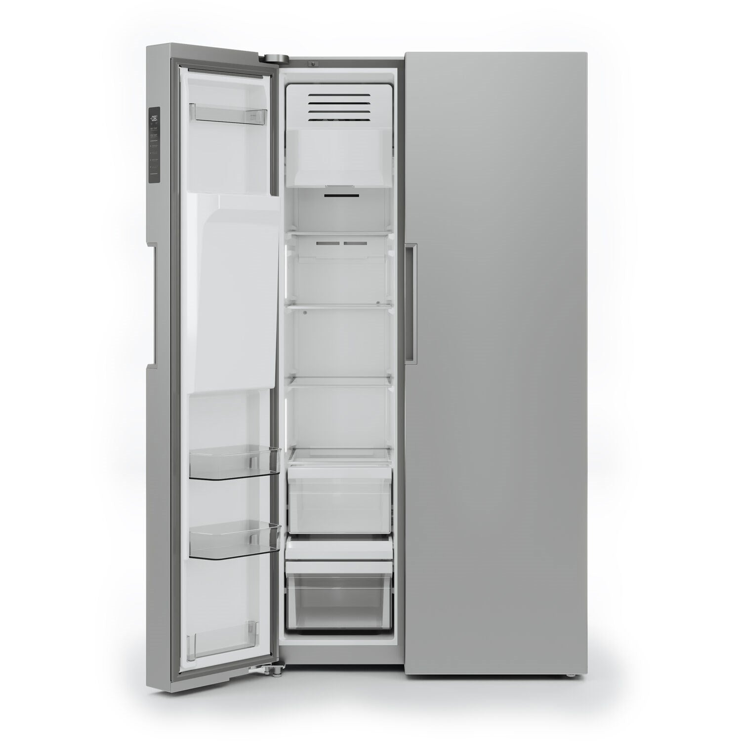 Side-by-side refrigerator with left door open, glass shelves and interior lighting
