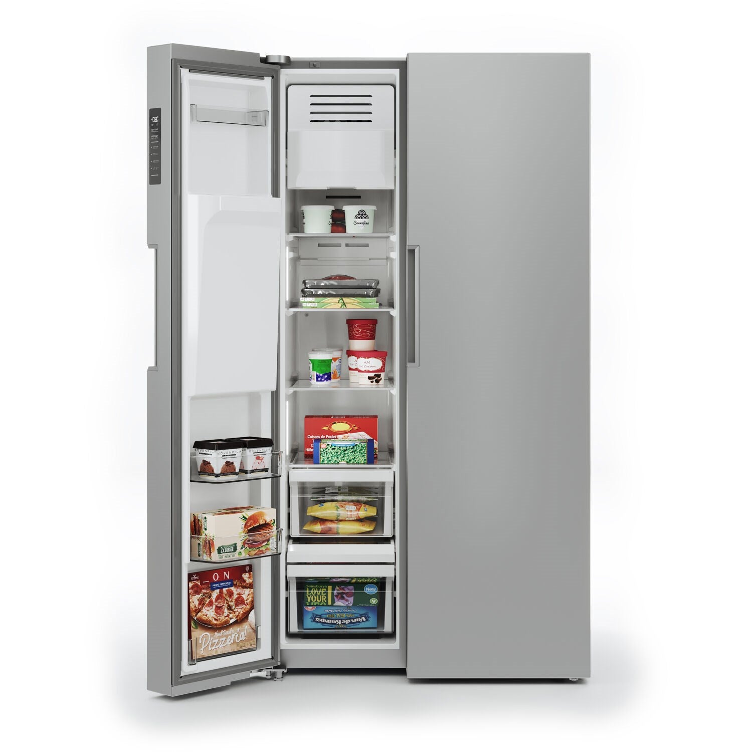 Side-by-side refrigerator interior with shelves holding groceries and condiments