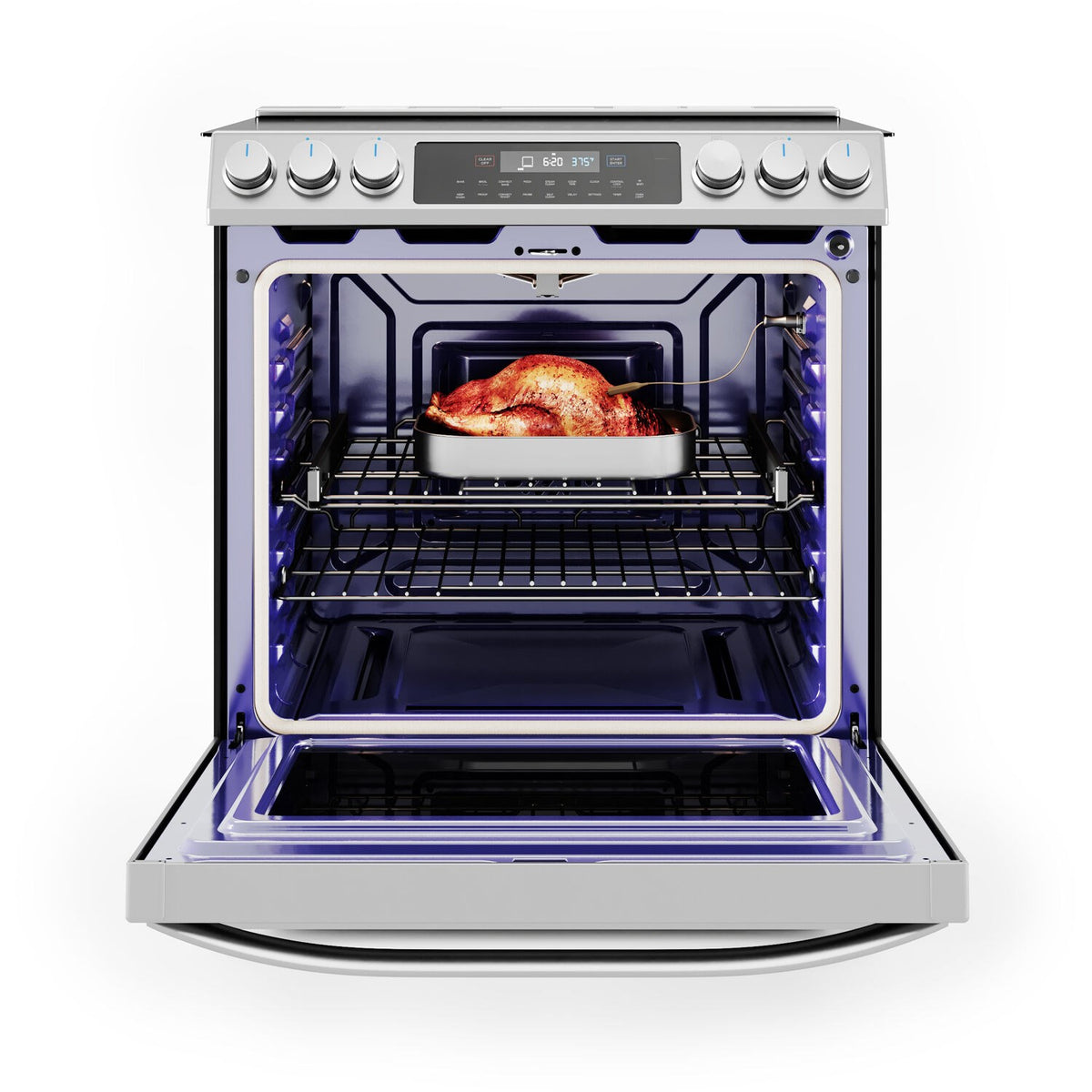 Stainless electric range with open oven holding a roasted chicken on rack