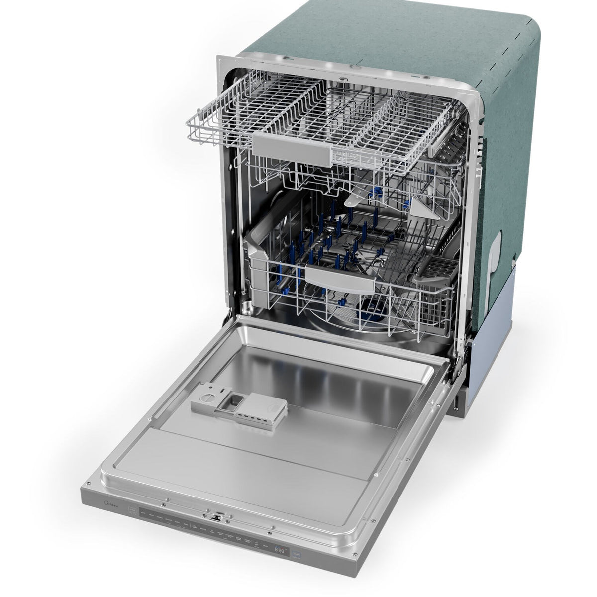Stainless steel dishwasher open with upper rack and silverware basket