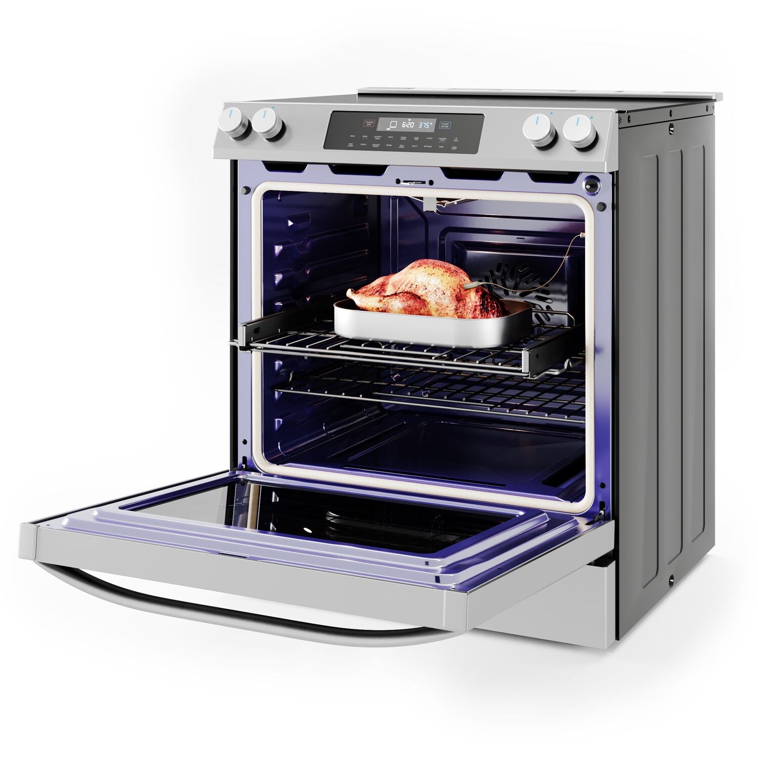 Stainless steel electric range with open oven door and roasted chicken on rack