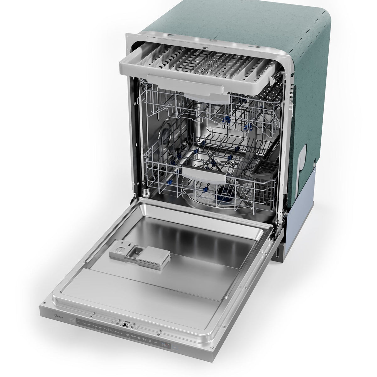 Open dishwasher view with racks and spray arms inside stainless steel interior
